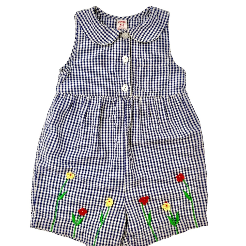 Copper Key Girls 3T Blue Gingham Floral Embroidered Romper Peter Pan Collar